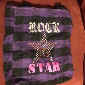 Purple and black striped plaid tote bag